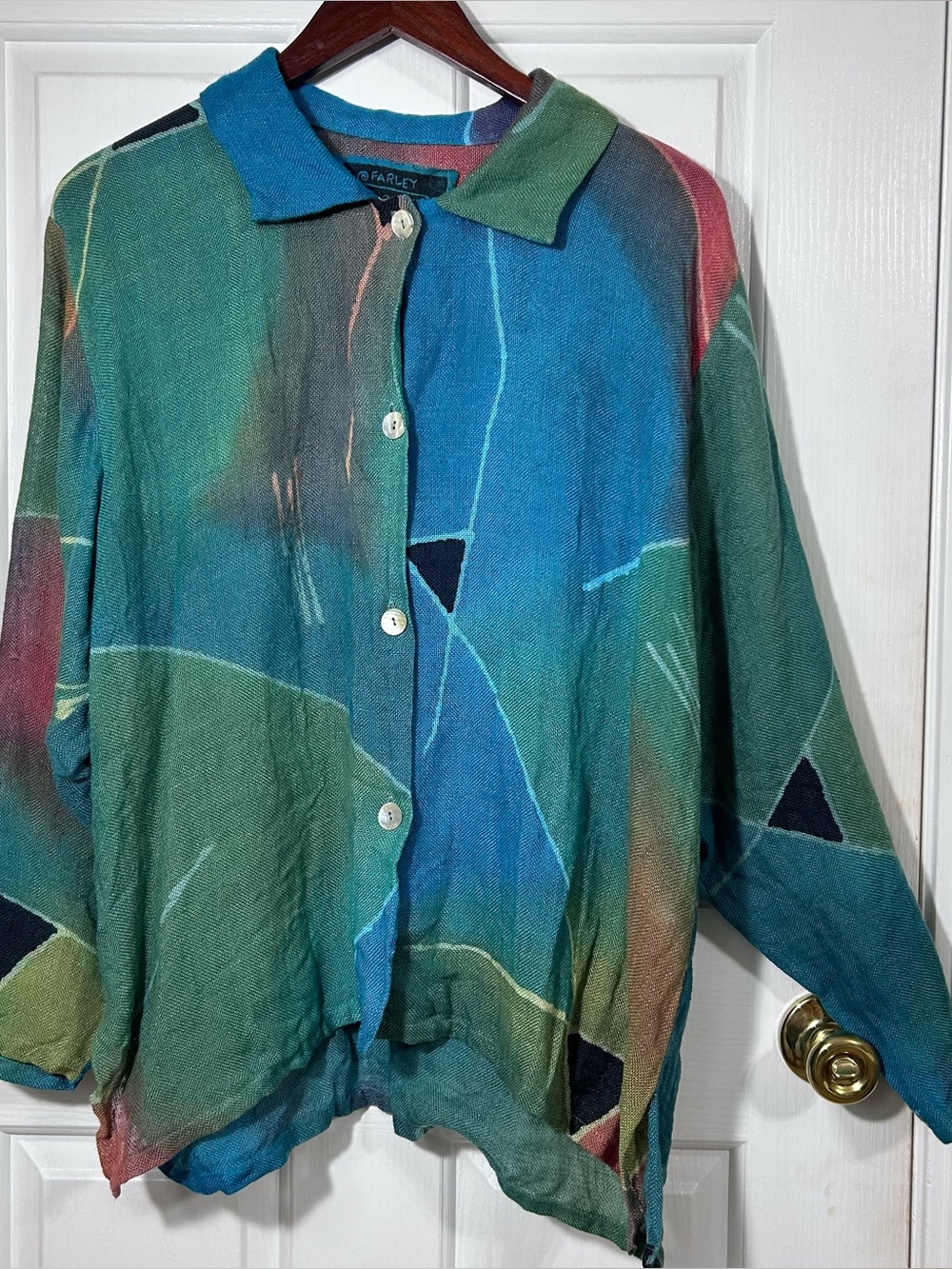 Vintage Farley Farley 100% Linen Abstract Watercolor Button Up Shirt Medium M